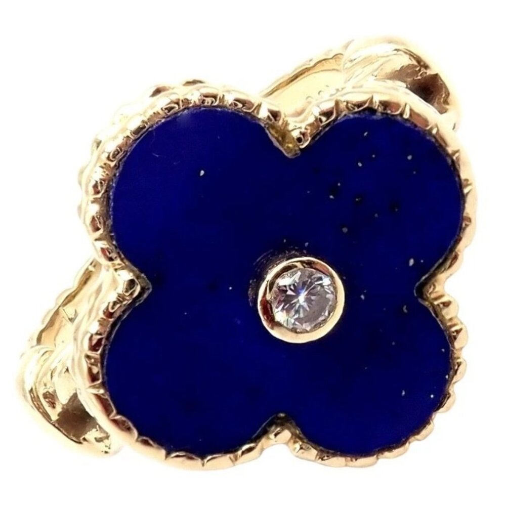 Van Cleef & Arpels Alhambra 18k Yellow Gold Lapis Lazuli Diamond Ring Sz 4